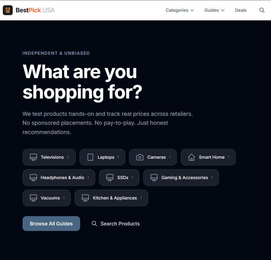 BestPick USA independent product review platform showing category browsing for electronics, smart home, and kitchen products