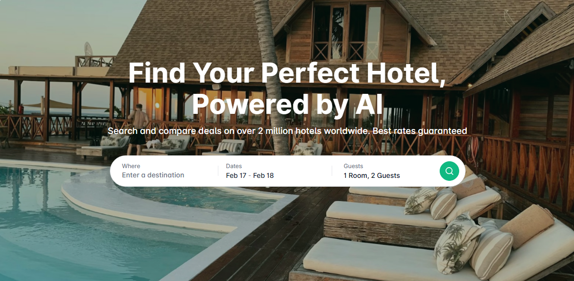 HotelScout AI hotel search platform interface showing AI-powered travel booking with map view