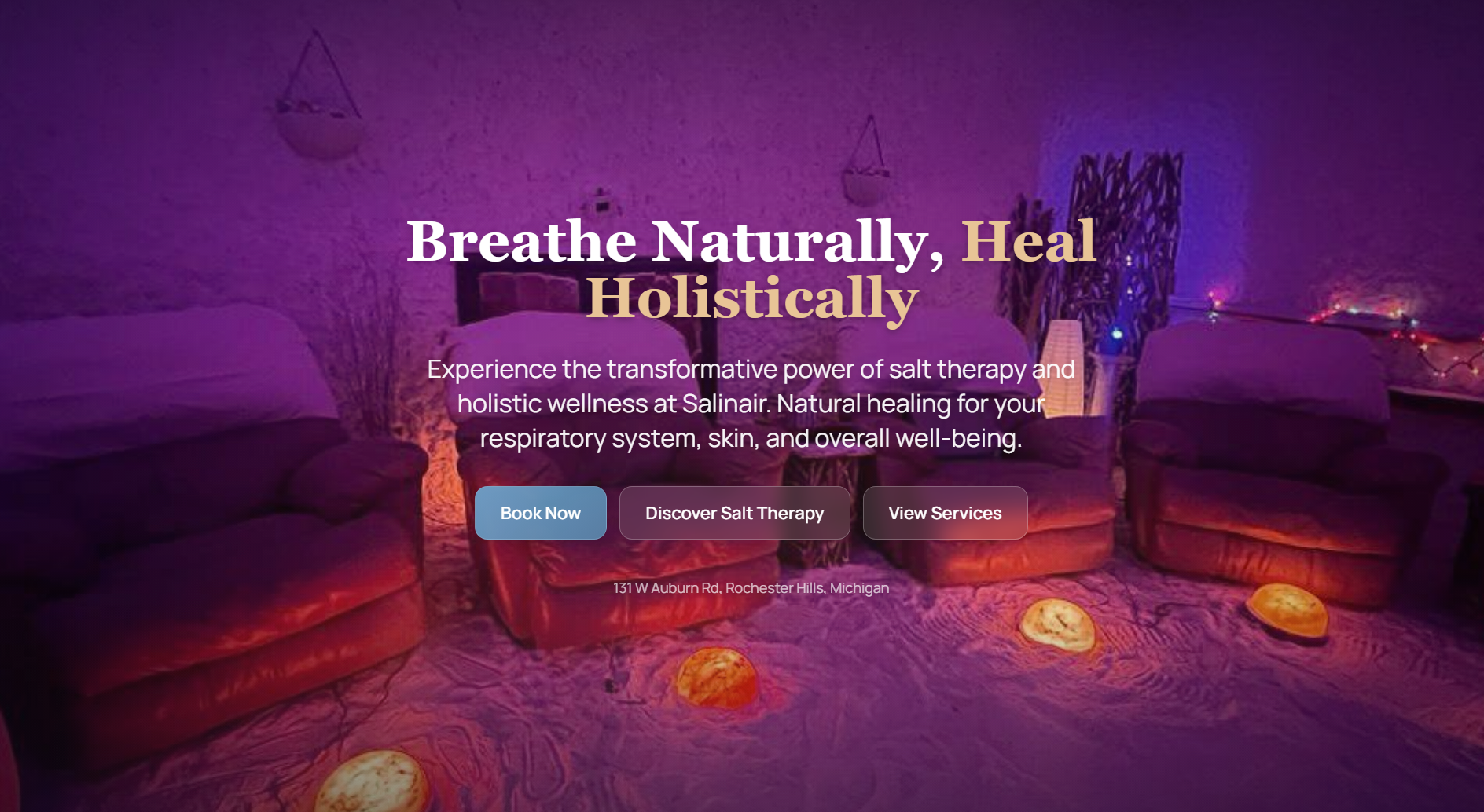 Salinair Salt Room and Wellness Spa website with Himalayan salt therapy room photography